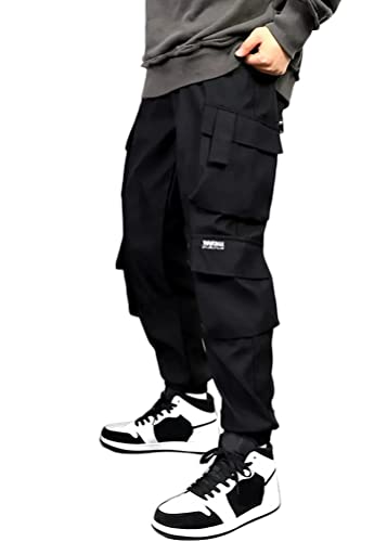 ORANDESIGNE Herren Hosen Männer Hip Hop Jogger Punk Jogger Cargo Hosen Sporthose Streetwearwear mit Tunelzug und Seitetaschen Techwear A Schwarz XXL von ORANDESIGNE