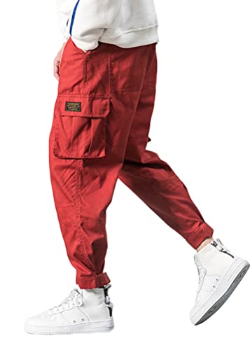 ORANDESIGNE Herren Hosen Männer Hip Hop Jogger Punk Jogger Cargo Hosen Sporthose Streetwearwear mit Tunelzug und Seitetaschen Techwear E Rot L von ORANDESIGNE