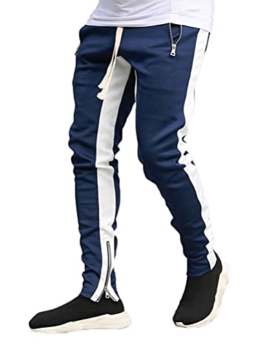 ORANDESIGNE Herren Jogginghose Sporthose Fitness Slim Fit Trainingshose Kontraststreifen Freizeithose Joggers Sweathose Streetwear mit Reissverschluss Taschen A Dunkelblau XS von ORANDESIGNE