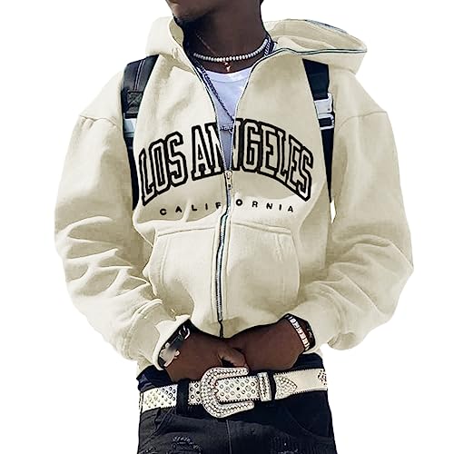 ORANDESIGNE Herren Kapuzenpullover Hoodie Druck Langarm Pullover Lässiges Los Angeles Sweatshirt Warm Pulli Sweatjacke mit Kapuze und Reißverschluss Sports Hoodie A Beige 3XL von ORANDESIGNE