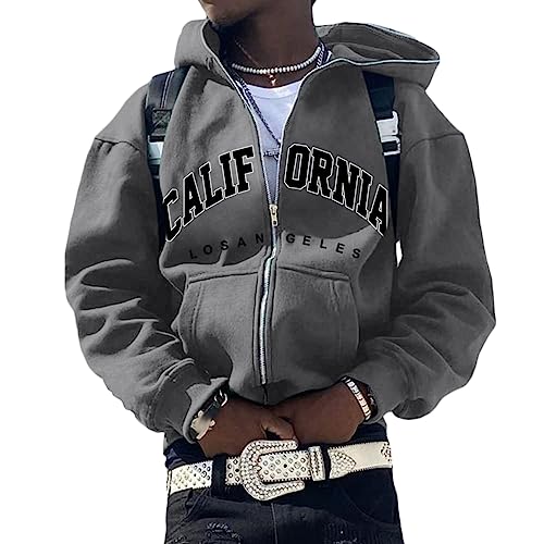 ORANDESIGNE Herren Kapuzenpullover Hoodie Druck Langarm Pullover Lässiges Los Angeles Sweatshirt Warm Pulli Sweatjacke mit Kapuze und Reißverschluss Sports Hoodie C Dunkelgrau XL von ORANDESIGNE