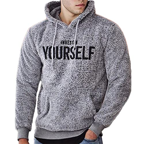 ORANDESIGNE Herren Kapuzenpullover Warmer Plüsch Hoodie Fuzzy Briefstickerei Sweatshirt mit Kapuze Teddy-Fleece Pullover mit Taschen für Männer Langarm Mantel A Grau L von ORANDESIGNE