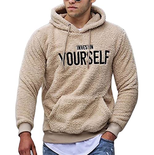 ORANDESIGNE Herren Kapuzenpullover Warmer Plüsch Hoodie Fuzzy Briefstickerei Sweatshirt mit Kapuze Teddy-Fleece Pullover mit Taschen für Männer Langarm Mantel A Khaki XXL von ORANDESIGNE