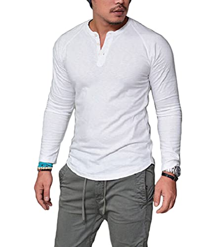 ORANDESIGNE Herren Langarmshirt Basic Einfarbig Henley Shirt mit Langen Ärmel Männer Lässige T-Shirt Rundhals Pullover mit knöpfen A Weiß XXL von ORANDESIGNE