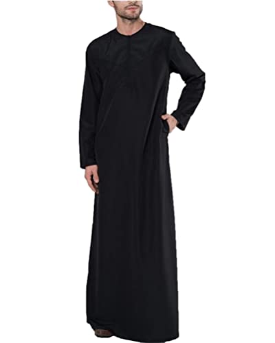 ORANDESIGNE Herren Langes Hemden Muslimische Kleider Kaftan V-Ausschnitt Seite Split Langarm Kleid mit Taschen für Türkisch Mittlerer Osten Saudi-arabische Männer Drucken Gebetskleidung B Schwarz S von ORANDESIGNE