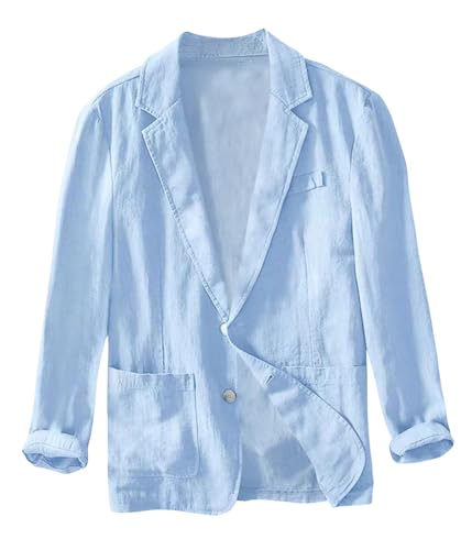 ORANDESIGNE Herren Leinen Sakko Blazer Sommer Freizeit Anzugjacke Zwei Knopf Leichte Sportmäntel Slim Fit Leinen Jacke Leisure Blazer A Hellblau XL von ORANDESIGNE