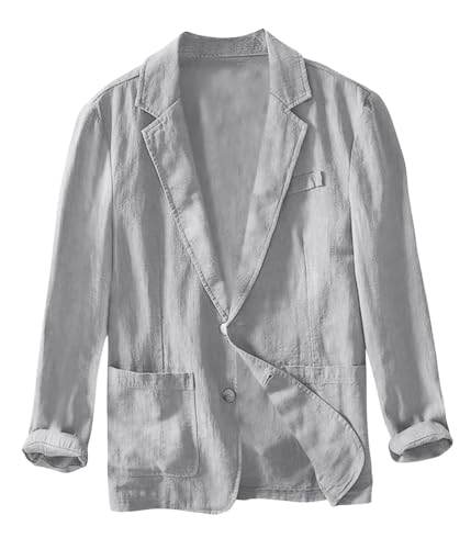 ORANDESIGNE Herren Leinen Sakko Blazer Sommer Freizeit Anzugjacke Zwei Knopf Leichte Sportmäntel Slim Fit Leinen Jacke Leisure Blazer A Hellgrau 3XL von ORANDESIGNE