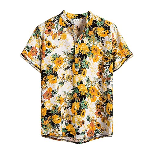 ORANDESIGNE Herren Leinen Viskose Hemd mit Muster Kurzarmhemd Oversize Shirt MäNner Bunte Herrenhemden Casual Locker 3D Gedruckt Sommerhemden Kent Kragen Hawaiihemd D Gelb 3XL von ORANDESIGNE