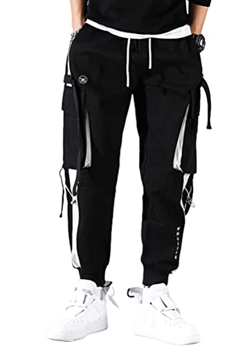 ORANDESIGNE Herren Mehrere Taschen Lässige Cargohose Techwear Hosen Hip Hop Jogger Tapered Hosen Schnalle Riemen Jogginghose Streetwear Punk Hose B Schwarz M von ORANDESIGNE