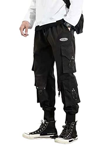 ORANDESIGNE Herren Mehrere Taschen Lässige Cargohose Techwear Hosen Hip Hop Jogger Tapered Hosen Schnalle Riemen Jogginghose Streetwear Punk Hose E Schwarz XL von ORANDESIGNE