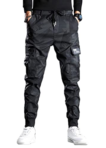 ORANDESIGNE Herren Mehrere Taschen Lässige Cargohose Techwear Hosen Hip Hop Jogger Tapered Hosen Schnalle Riemen Jogginghose Streetwear Punk Hose H Schwarz L von ORANDESIGNE