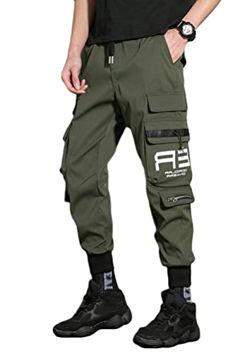 ORANDESIGNE Herren Mehrere Taschen Lässige Cargohose Techwear Hosen Hip Hop Jogger Tapered Hosen Schnalle Riemen Jogginghose Streetwear Punk Hose J Armeegrün 3XL von ORANDESIGNE