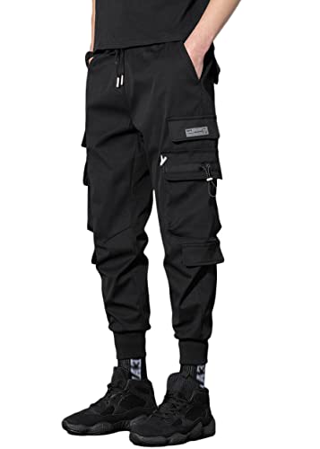 ORANDESIGNE Herren Mehrere Taschen Lässige Cargohose Techwear Hosen Hip Hop Jogger Tapered Hosen Schnalle Riemen Jogginghose Streetwear Punk Hose J Schwarz 3XL von ORANDESIGNE