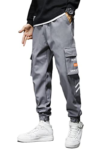 ORANDESIGNE Herren Mehrere Taschen Lässige Cargohose Techwear Hosen Hip Hop Jogger Tapered Hosen Schnalle Riemen Jogginghose Streetwear Punk Hose Q Grau S von ORANDESIGNE