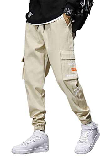 ORANDESIGNE Herren Mehrere Taschen Lässige Cargohose Techwear Hosen Hip Hop Jogger Tapered Hosen Schnalle Riemen Jogginghose Streetwear Punk Hose Q Khaki XL von ORANDESIGNE