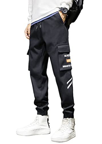ORANDESIGNE Herren Mehrere Taschen Lässige Cargohose Techwear Hosen Hip Hop Jogger Tapered Hosen Schnalle Riemen Jogginghose Streetwear Punk Hose Q Schwarz S von ORANDESIGNE