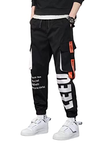 ORANDESIGNE Herren Mehrere Taschen Lässige Cargohose Techwear Hosen Hip Hop Jogger Tapered Hosen Schnalle Riemen Jogginghose Streetwear Punk Hose S Schwarz M von ORANDESIGNE