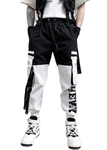 ORANDESIGNE Herren Mehrere Taschen Lässige Schwarz Cargohose Techwear Hosen Hip Hop Jogger Tapered Hosen Schnalle Riemen Jogginghose Streetwear Punk Hose B Schwarz M von ORANDESIGNE