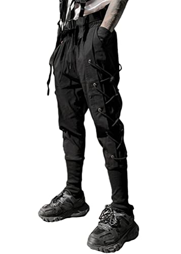 ORANDESIGNE Herren Schwarz Techwear Hose Hip Hop Hose Arbeit Kampf Cargohose Mehrere Taschen Tapered Hosen Schnalle Riemen Jogginghose Punk Hose F Schwarz L von ORANDESIGNE