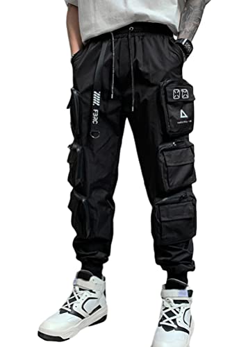 ORANDESIGNE Herren Mehrere Taschen Lässige Schwarz Cargohose Techwear Hosen Hip Hop Jogger Tapered Hosen Schnalle Riemen Jogginghose Streetwear Punk Hose X Schwarz XXL von ORANDESIGNE