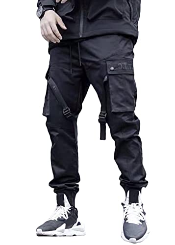 ORANDESIGNE Herren Schwarz Techwear Hose Hip Hop Hose Arbeit Kampf Cargohose Mehrere Taschen Tapered Hosen Schnalle Riemen Jogginghose Punk Hose Y Schwarz L von ORANDESIGNE