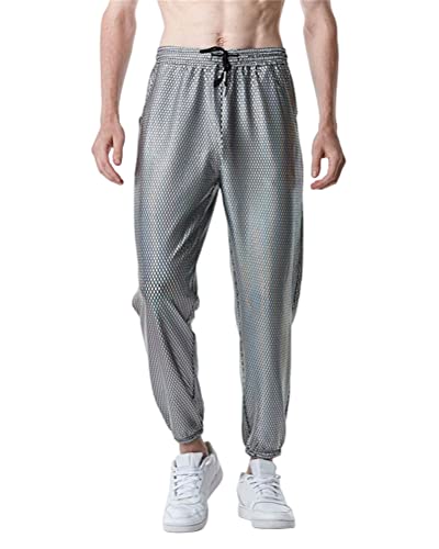 ORANDESIGNE Herren Metallisch Glänzende Jogger Sweatpants Disco Party Elastische Hose Jogginghose Hip Hop Wetlook Hosen Männer Club Party Festival Abschlussball Streetwear B Silber M von ORANDESIGNE