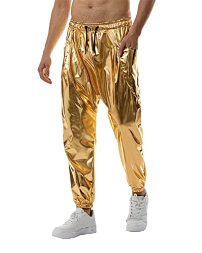 ORANDESIGNE Herren Metallisch Glänzende Jogger Sweatpants Disco Party Elastische Hose Jogginghose Hip Hop Wetlook Hosen Männer Club Party Festival Abschlussball Streetwear D Gold 3XL von ORANDESIGNE