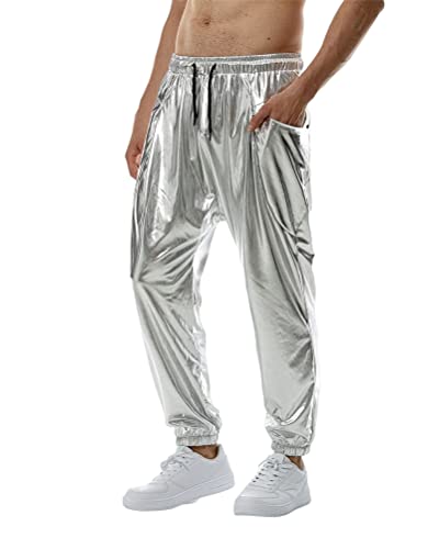 ORANDESIGNE Herren Metallisch Glänzende Jogger Sweatpants Disco Party Elastische Hose Jogginghose Hip Hop Wetlook Hosen Männer Club Party Festival Abschlussball Streetwear D Silber 3XL von ORANDESIGNE