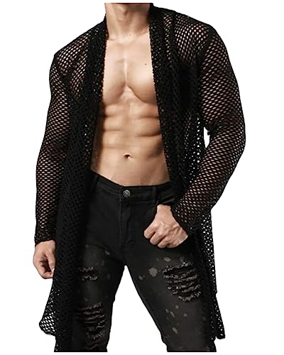 ORANDESIGNE Herren Muskel Transparent Strickjacke Netz Hemden Langarm Top Cardigan Long Cut Strandmantel A Schwarz M von ORANDESIGNE