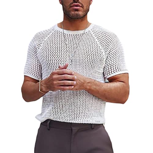 ORANDESIGNE Herren Muskelshirt Kurzarm Netz Mann T-Shirt Transparent Männer Netzhemd Atmungsaktiv Netz Shirt Trägershirt Sport Top Gym Clubwear Fischnetz Sexy Schwarz B Weiß M von ORANDESIGNE