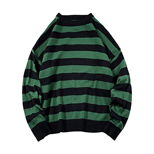 ORANDESIGNE Herren Oversize Gestreifter Strickpullover Autumn Winter Lässiger Rundhals Langarm Patchwork Pullover Unisex Männer Frauen Pulli Adolescent Harajuku Gestrickte Oberteile A Dunkelgrün 3XL von ORANDESIGNE