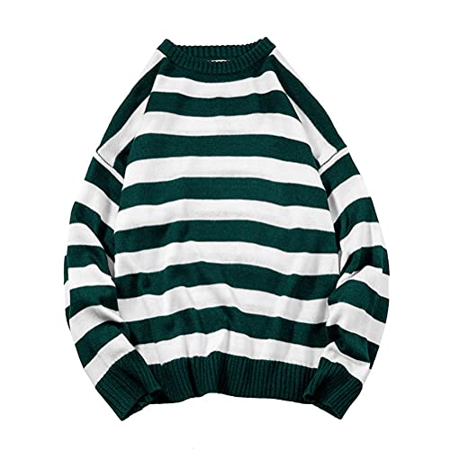 ORANDESIGNE Herren Oversize Gestreifter Strickpullover Autumn Winter Lässiger Rundhals Langarm Patchwork Pullover Unisex Männer Frauen Pulli Adolescent Harajuku Gestrickte Oberteile A Hellgrün L von ORANDESIGNE