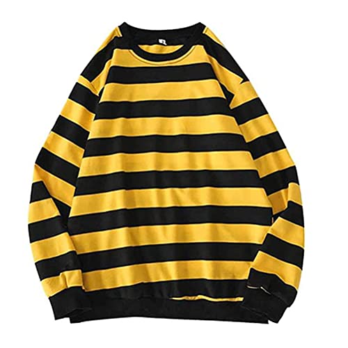 ORANDESIGNE Herren Oversize Streifen Gelb Sweatshirt Rundhals Gestreiftes Baumwolle Langarmshirts Herbst Winter Unisex Lässiger Langarm Patchwork Pullover Adolescent Jungen Harajuku Hemd A XXL von ORANDESIGNE