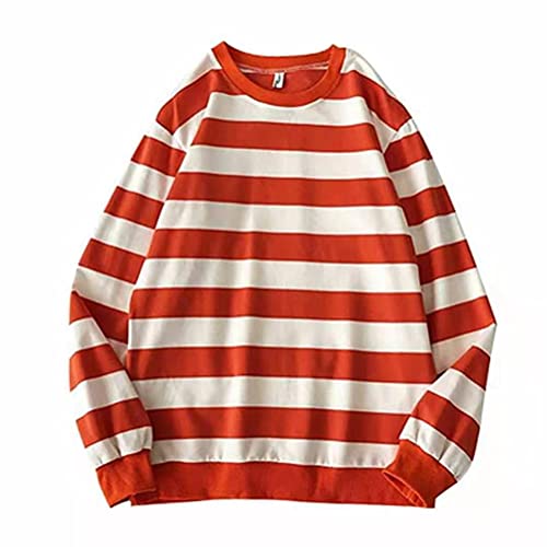 ORANDESIGNE Herren Oversize Streifen Sweatshirt Rundhals Gestreiftes Baumwolle Langarmshirts Herbst Winter Unisex Lässiger Langarm Patchwork Pullover Adolescent Jungen Harajuku Hemd A Orange S von ORANDESIGNE