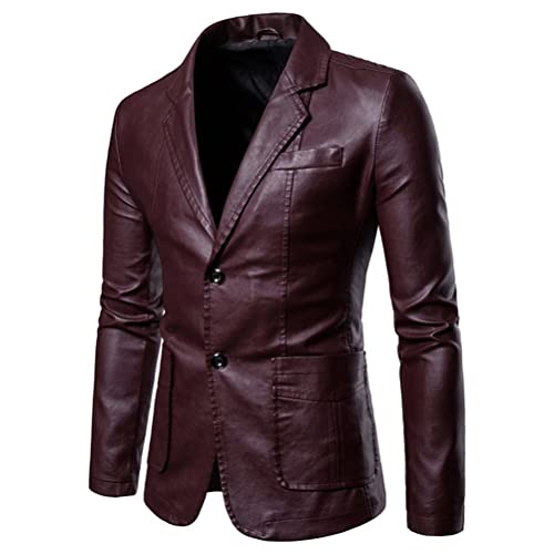 ORANDESIGNE Herren PU Sakko Leder Blazer Regular Fit Anzug Lässig Sakko Anzugjacke Blazer PU Anzug Revers Lederjacke Hochzeit Freizeit A Weinrot XXL von ORANDESIGNE