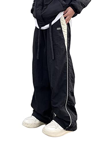 ORANDESIGNE Herren Parachute Pants Y2k Hosen Baggy Cargohose Fallschirmhose Teenager Y2K Weites Bein Track Pants Vintage Baggy Hosen für Jungen Streetwear Freizeithose Hip Hop Pants D Schwarz M von ORANDESIGNE