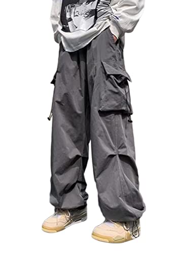 ORANDESIGNE Herren Parachute Pants Y2k Hosen Baggy Cargohose Fallschirmhose Teenager Y2K Weites Bein Track Pants Vintage Baggy Hosen für Jungen Streetwear Freizeithose Hip Hop Pants K Grau 3XL von ORANDESIGNE