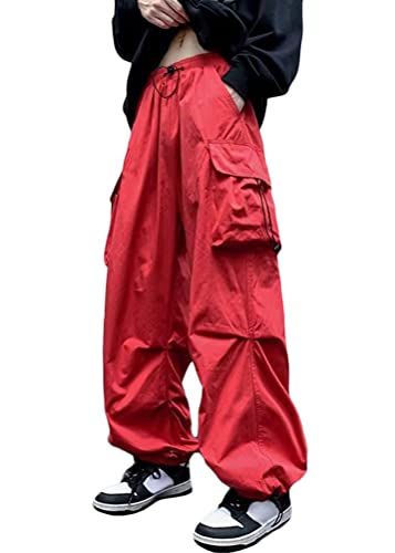 ORANDESIGNE Herren Parachute Pants Y2k Hosen Baggy Cargohose Fallschirmhose Teenager Y2K Weites Bein Track Pants Vintage Baggy Hosen für Jungen Streetwear Freizeithose Hip Hop Pants K Rot M von ORANDESIGNE