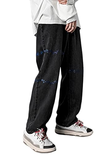 ORANDESIGNE Herren Patchwork Jeans Baggy Hip Hop Jeanshose Casual Straight Leg Denim Hosen Vintage Farbblock Weitem Bein Pants Streetwear N Schwarz XS von ORANDESIGNE