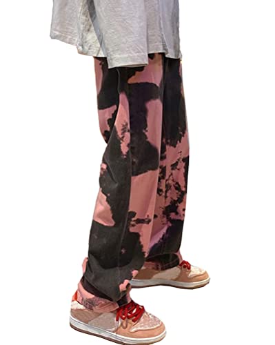 ORANDESIGNE Herren Patchwork Jeans Casual Relaxed Fit Jeanshose Denim Hosen Baggy Hip Hop Jeans Hose mit Weitem Bein Straight Leg Vintage Color Block Streetwear M Rosa L von ORANDESIGNE