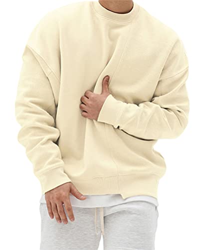 ORANDESIGNE Herren Pullover Winter Elegant Sweatshirt Langarm Crewneck Vintage Große Größen Langarmshirt Einfarbige Workwear Baggy Streetwear Pulli A Beige XL von ORANDESIGNE