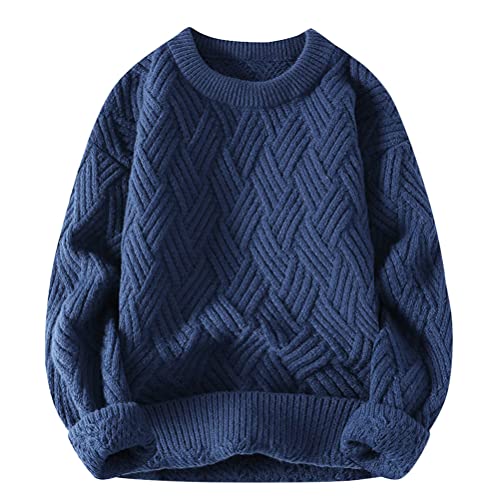 ORANDESIGNE Herren Pullover Winter Strick Grobstrick Strickpullover Langarmshirt Warm Classics Basic Crewneck Sweatshirt Pulli Langarm Zopfmuster Grober Strickpulli Winterpullover Blau XXL von ORANDESIGNE