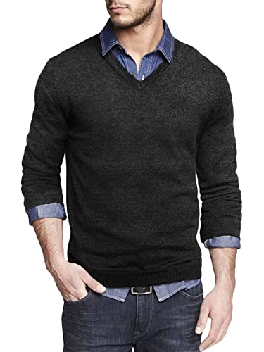 ORANDESIGNE Herren Pullover mit V-Ausschnitt Unifarben Langarm Sweater Einfarbig Strickpullover Slim Fit Langarmshirt Hemd A Dunkelgrau L von ORANDESIGNE