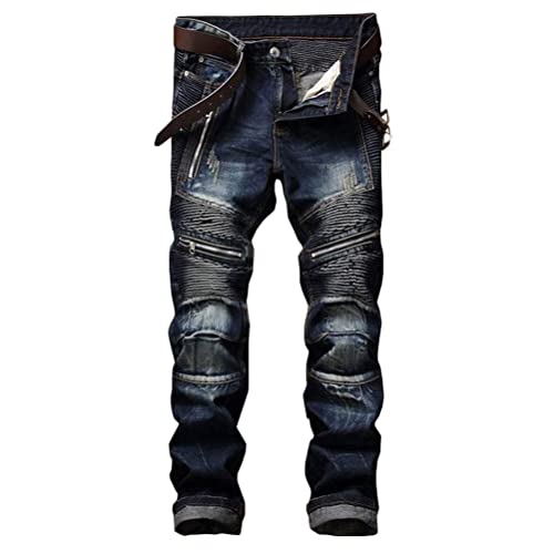 ORANDESIGNE Herren Retro Zerrissene Jeans Distressed Destroyed Jeans Reißverschluss Plissierte Abriebfeste Jeanshosen Gerade Jeans Slim Fit Biker Stretch Jeanshose A Dunkelblau 3XL von ORANDESIGNE