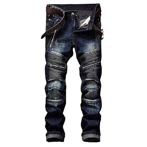 ORANDESIGNE Herren Retro Zerrissene Jeans Distressed Destroyed Jeans Reißverschluss Plissierte Abriebfeste Jeanshosen Gerade Jeans Slim Fit Biker Stretch Jeanshose A Dunkelblau L von ORANDESIGNE