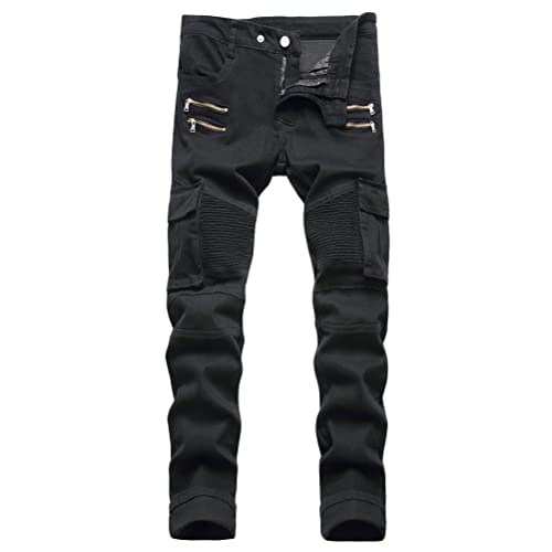 ORANDESIGNE Herren Retro Zerrissene Jeans Distressed Destroyed Jeans Reißverschluss Plissierte Abriebfeste Jeanshosen Gerade Jeans Slim Fit Biker Stretch Jeanshose D Schwarz S von ORANDESIGNE