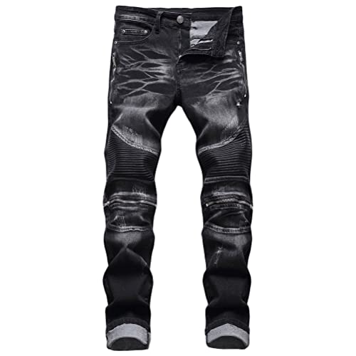 ORANDESIGNE Herren Retro Zerrissene Jeans Distressed Destroyed Jeans Reißverschluss Plissierte Abriebfeste Jeanshosen Gerade Jeans Slim Fit Biker Stretch Jeanshose E Schwarz 3XL von ORANDESIGNE