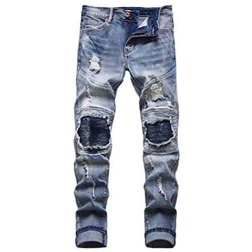 ORANDESIGNE Herren Retro Zerrissene Jeans Distressed Destroyed Jeans Reißverschluss Plissierte Abriebfeste Jeanshosen Gerade Jeans Slim Fit Biker Stretch Jeanshose F Blau L von ORANDESIGNE