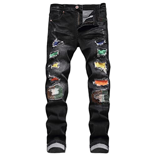 ORANDESIGNE Herren Retro Zerrissene Jeans Distressed Destroyed Jeans Reißverschluss Plissierte Abriebfeste Jeanshosen Gerade Jeans Slim Fit Biker Stretch Jeanshose J Schwarz 3XL von ORANDESIGNE