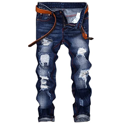 ORANDESIGNE Herren Retro Zerrissene Jeans Distressed Destroyed Jeans Reißverschluss Plissierte Abriebfeste Jeanshosen Gerade Jeans Slim Fit Biker Stretch Jeanshose P Blau L von ORANDESIGNE